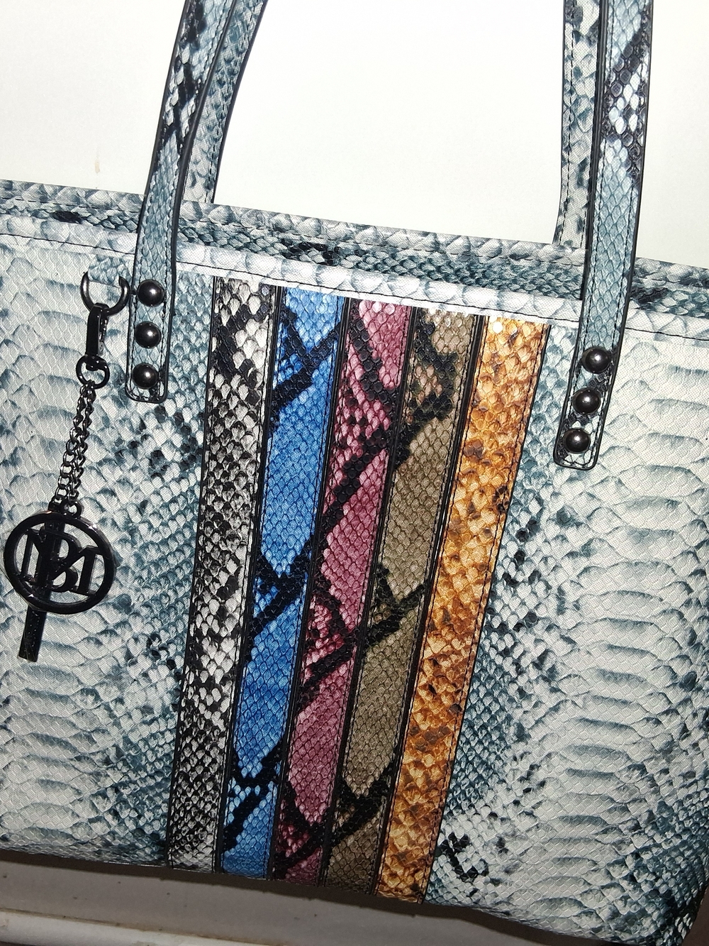 BADGLE Y MISHKA Designer-Inspired Python Tote Bag with Multicolor Stripe Accents